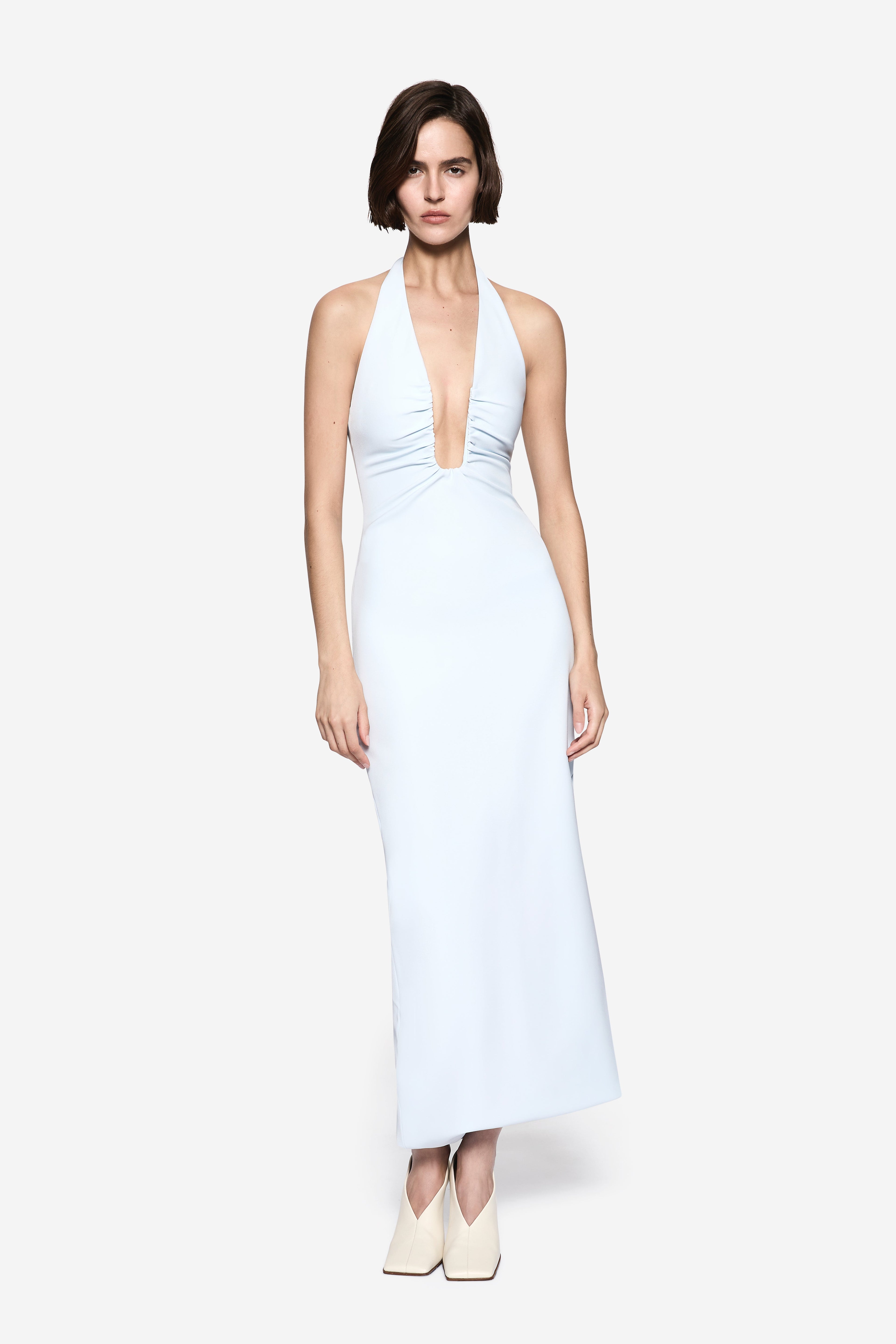 THE LUSI crepe dress in light blue, sleeveless V-neck maxi with open back