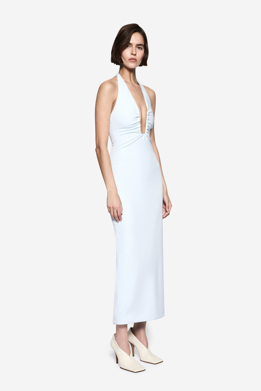 THE LUSI crepe dress light blue sleeveless deep-V maxi, side view