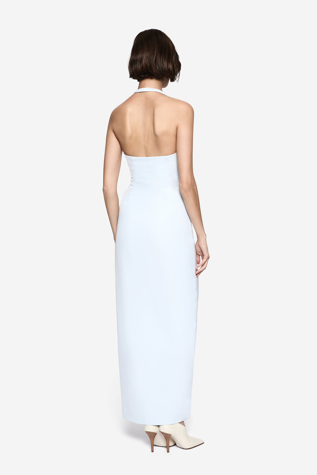 THE LUSI crepe dress light blue open-back halter maxi, back view