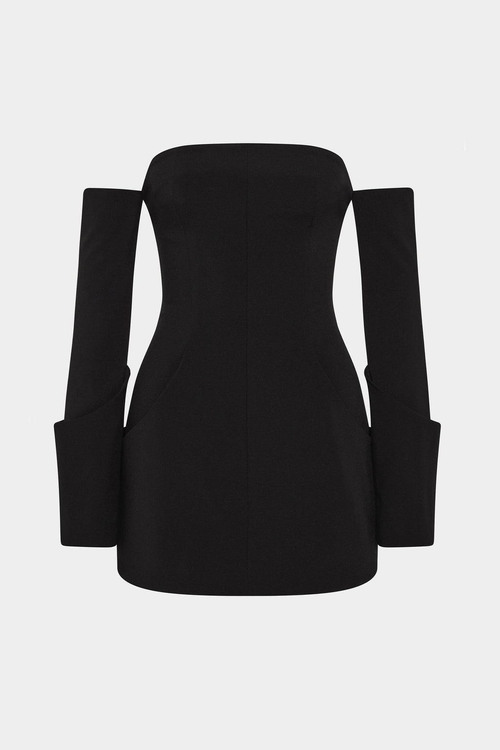 Black off-shoulder mini dress with long wide sleeves, structured fitted bodice