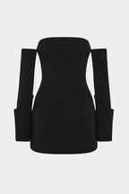Black off-shoulder mini dress with long wide sleeves, structured fitted bodice