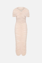 Soft pink ruched jersey midi dress with twisted neckline and draped sleeve