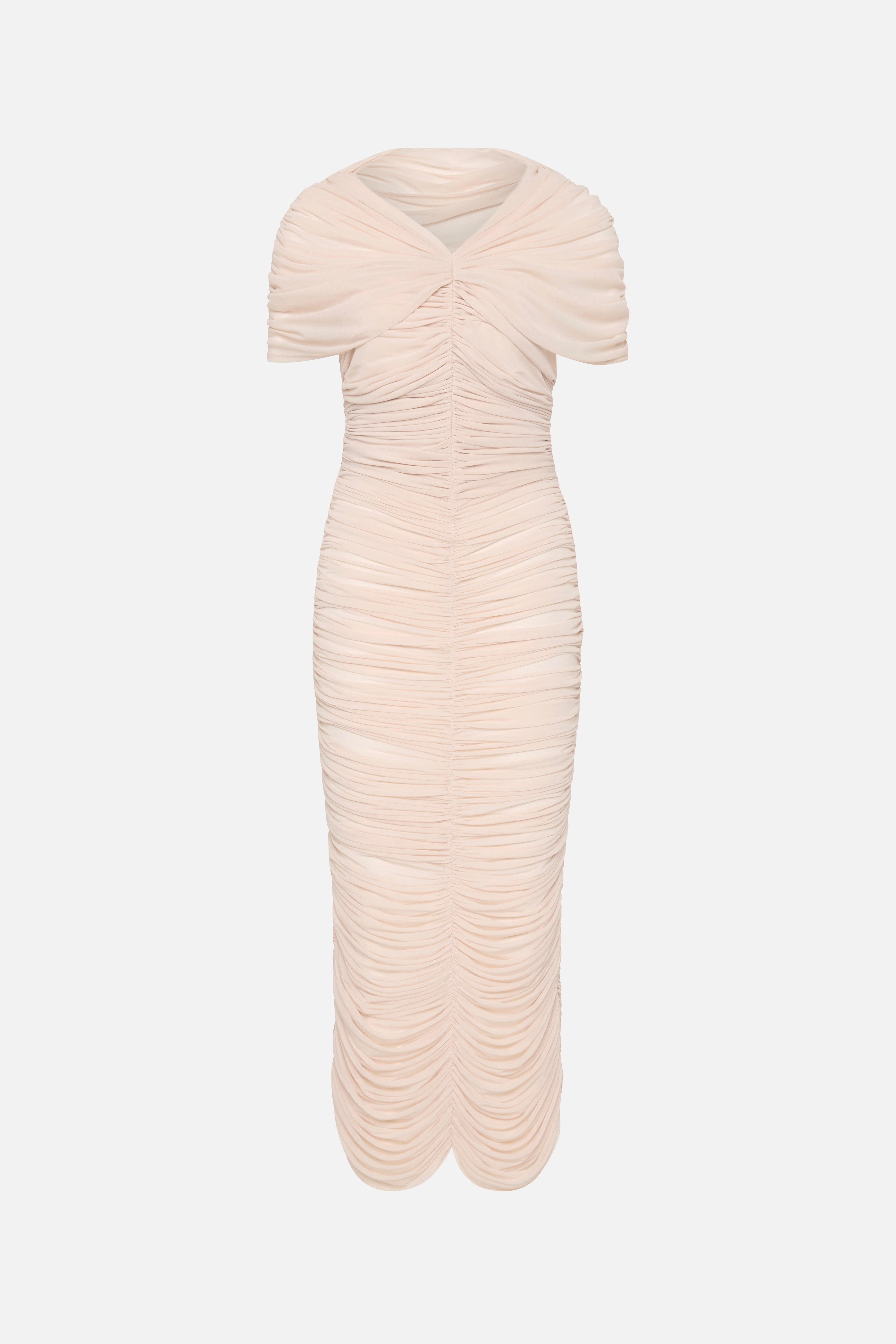 Soft pink ruched jersey midi dress with twisted neckline and draped sleeve