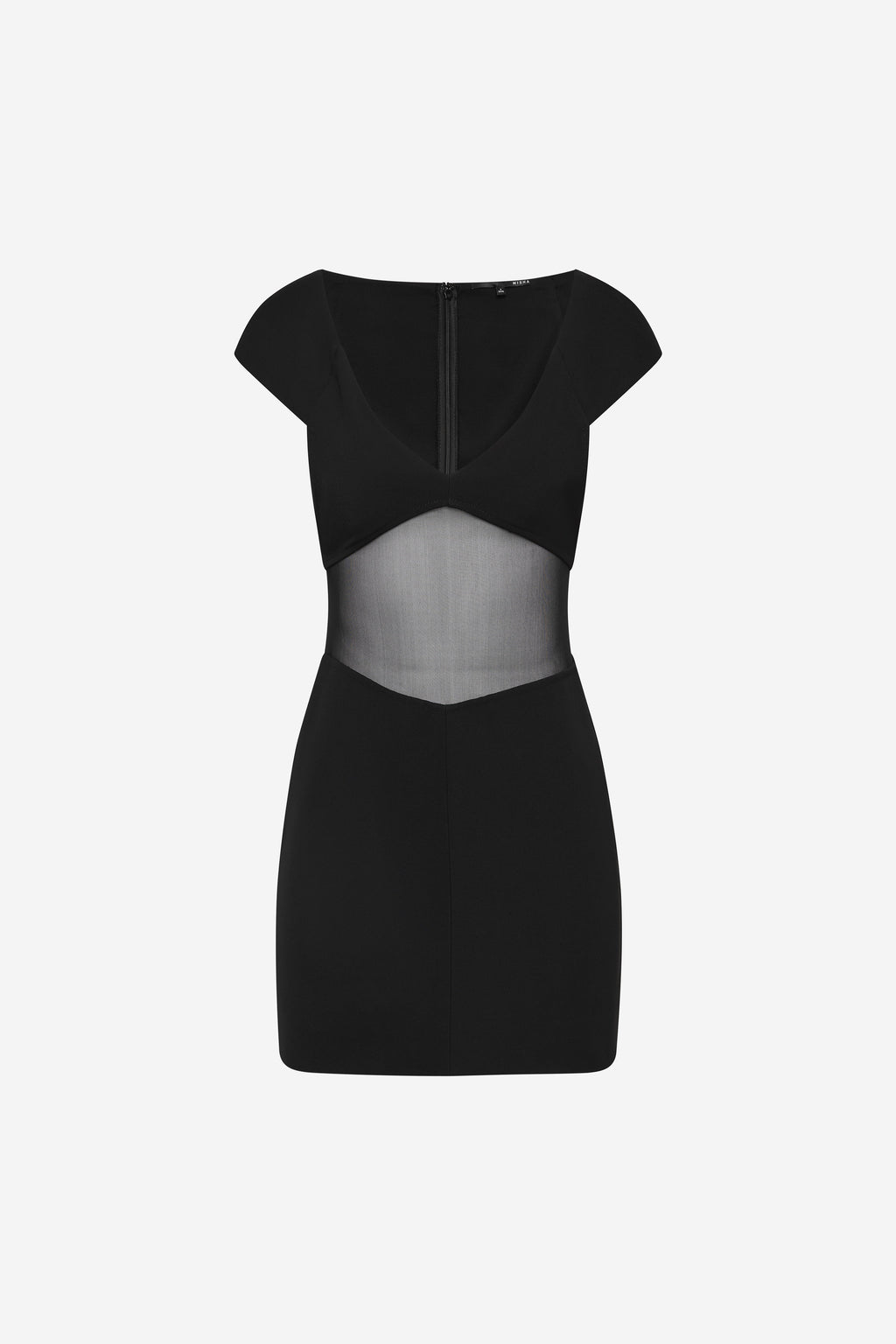 Black mini dress with V-neck, cap sleeves, and sheer bonded panels at waist