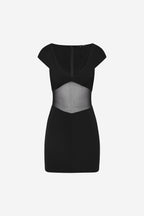 Black mini dress with V-neck, cap sleeves, and sheer bonded panels at waist