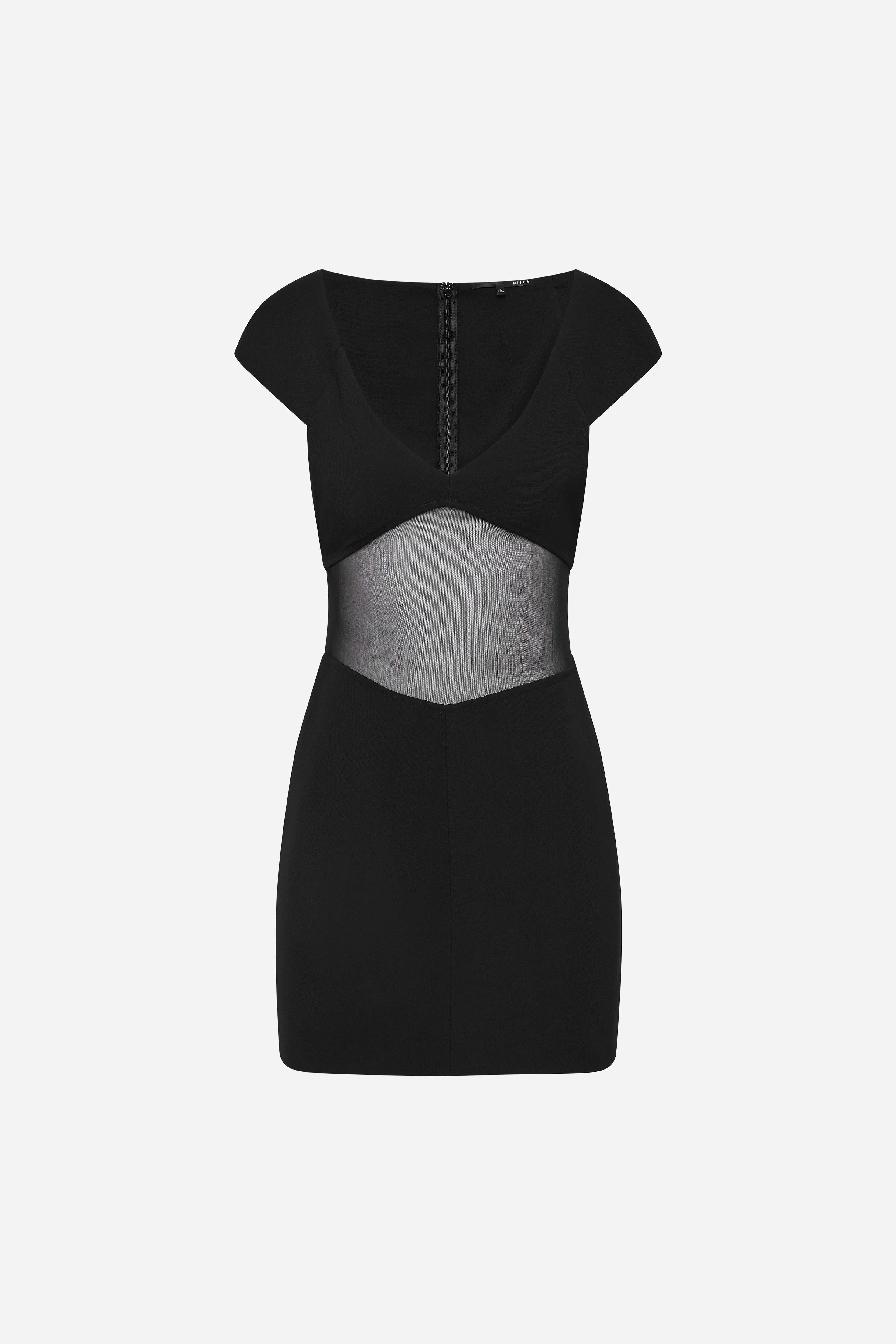 Black mini dress with V-neck, cap sleeves, and sheer bonded panels at waist