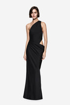 Black satin maxi dress with draped waist and halter neckline
