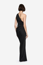 Black satin maxi dress with open back and draped waist