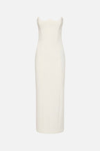 Ivory crepe midi dress, strapless sweetheart neckline, fitted sheath silhouette