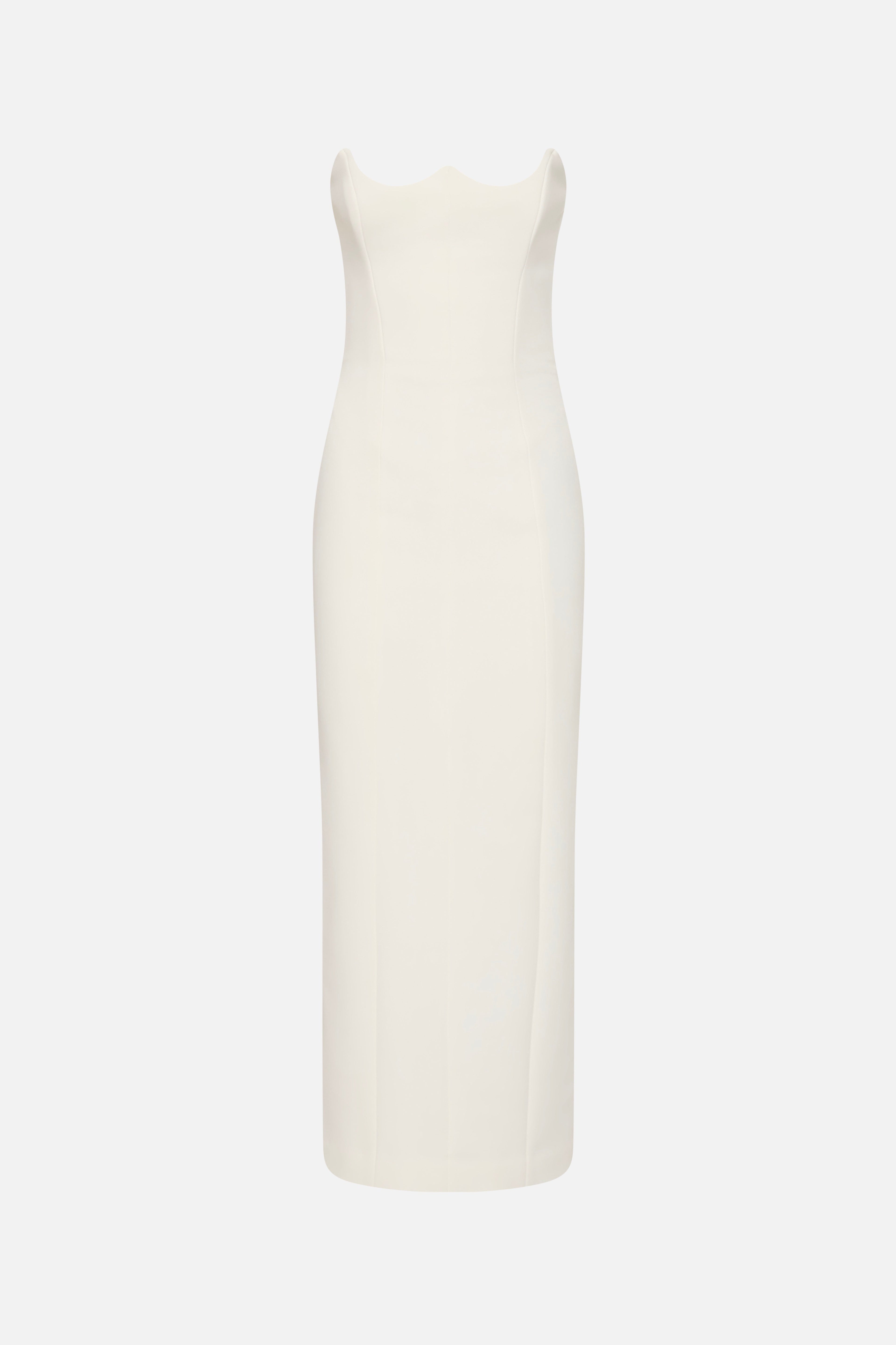 Ivory crepe midi dress, strapless sweetheart neckline, fitted sheath silhouette