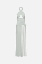 Pistachio halter midi dress with cross-back wrap and gathered waist