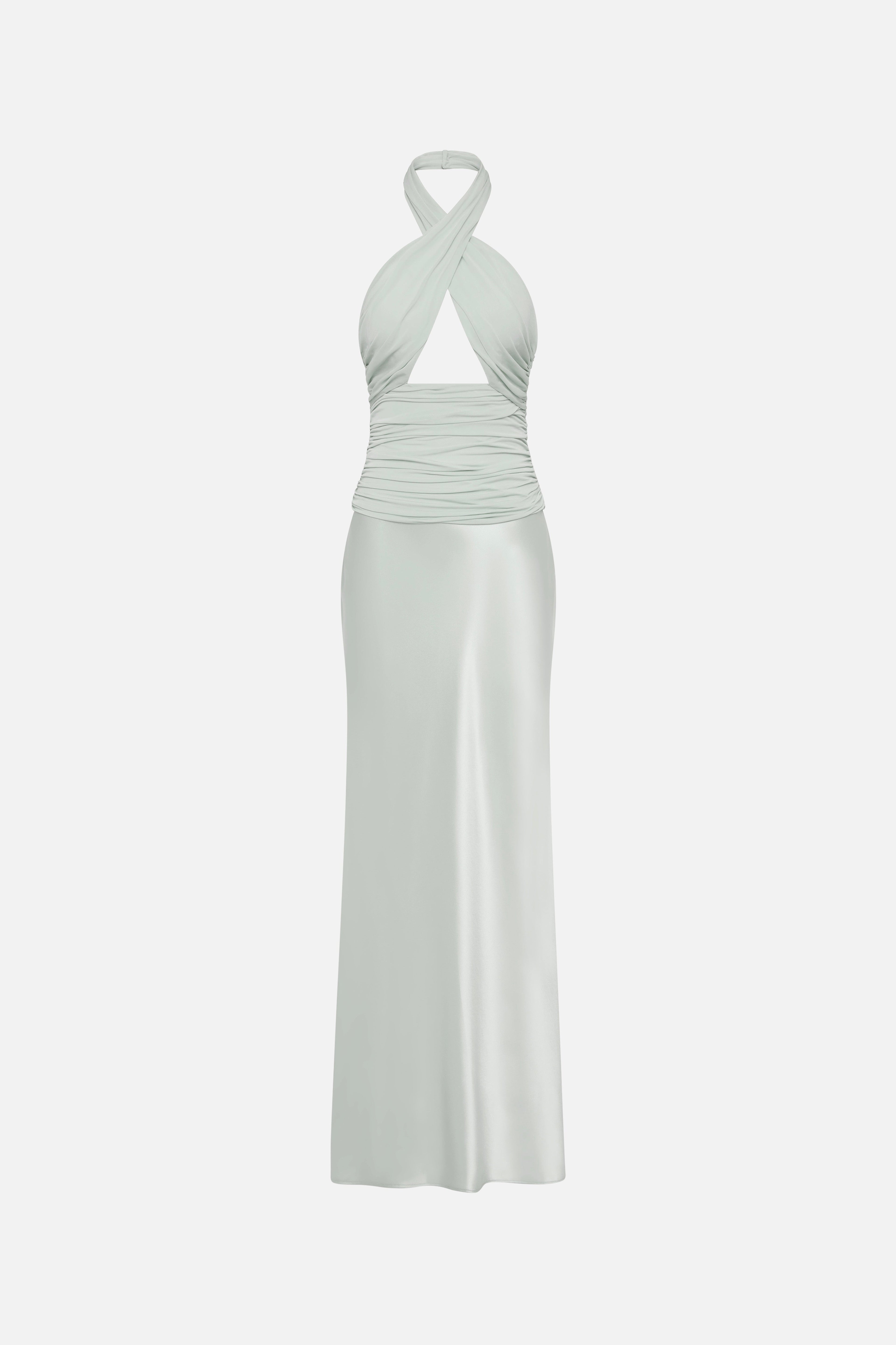 Pistachio halter midi dress with cross-back wrap and gathered waist