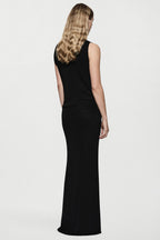 Black sleeveless maxi dress, low back with draped waist and silver ring belt