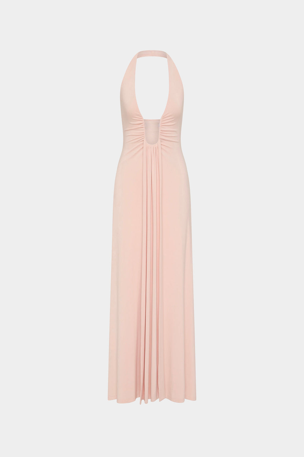 Dusty pink halter maxi cupro dress with draped pleats at the waist