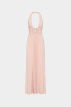 Dusty pink halter maxi cupro dress with draped pleats at the waist