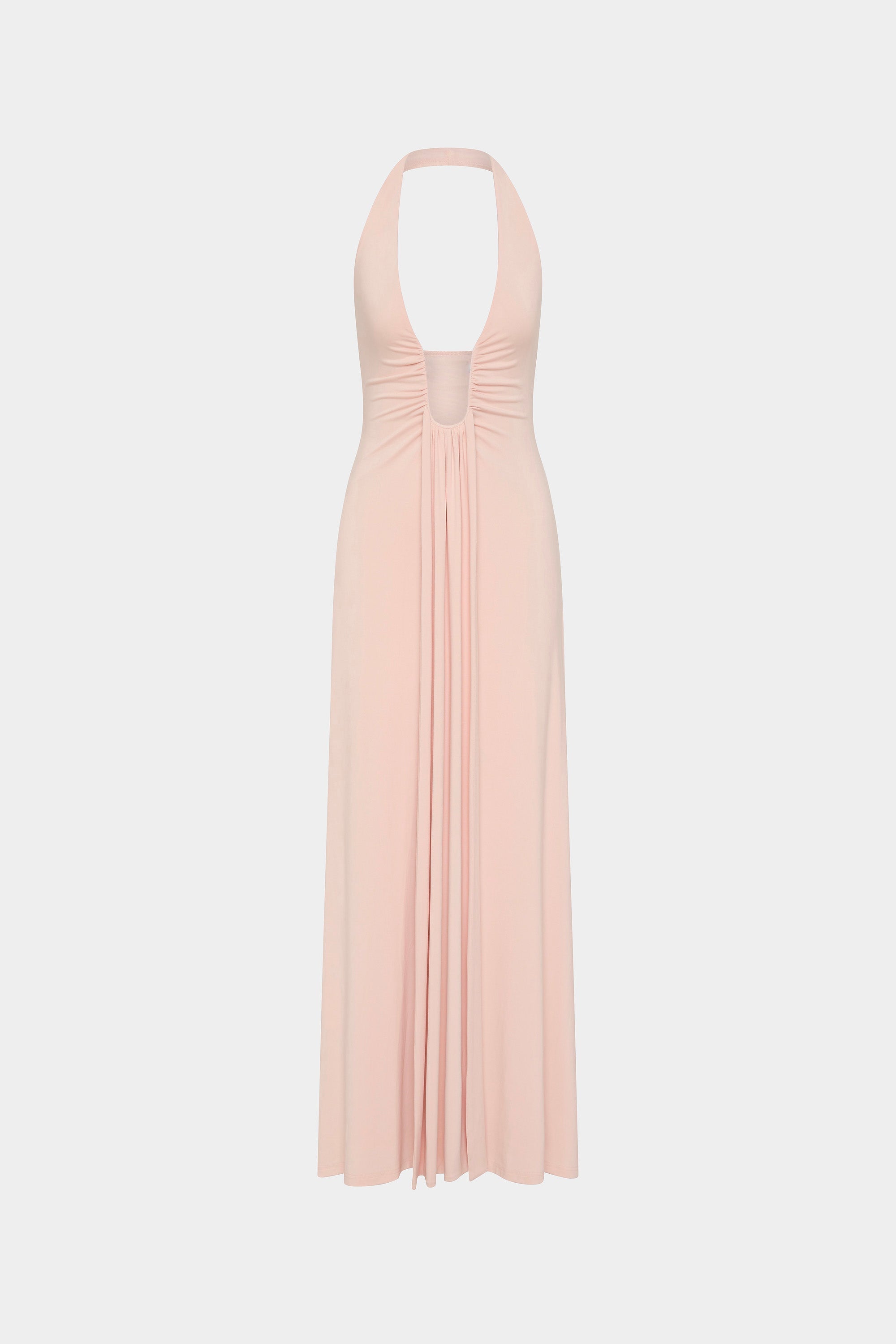 Dusty pink halter maxi cupro dress with draped pleats at the waist