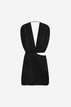 Black jersey mini dress with deep V wrap front and gathered waist