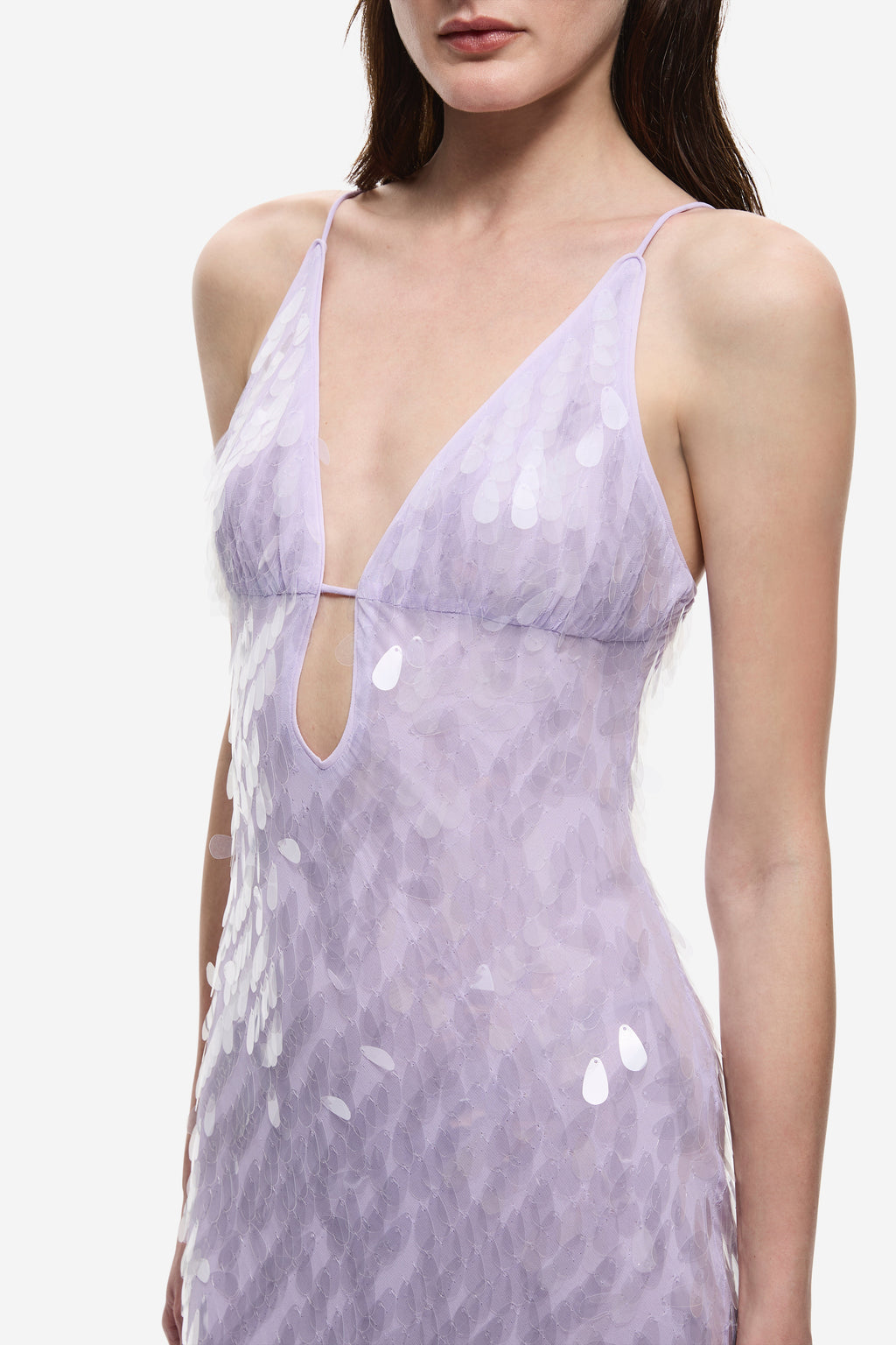 Lilac sequin V-neck dress with draped mesh bodice and thin straps