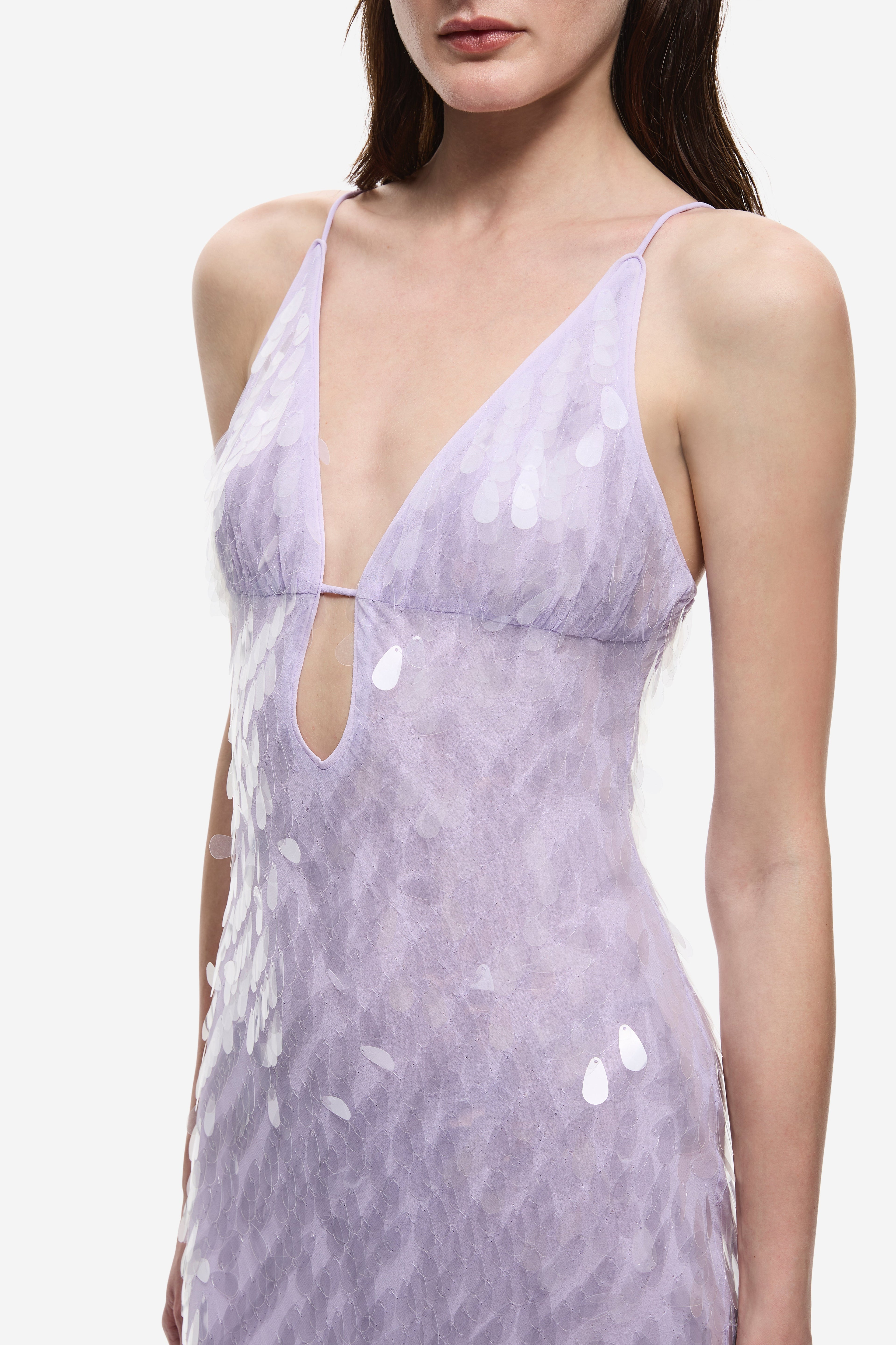 Lilac sequin V-neck dress with draped mesh bodice and thin straps