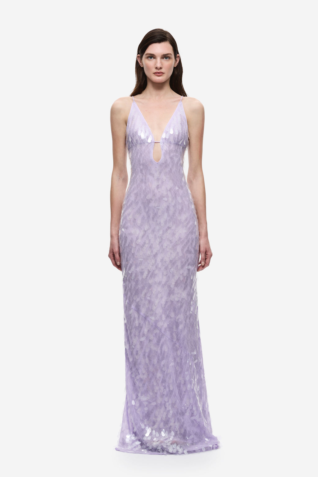 Lilac sequin maxi dress with V-neck and spaghetti straps