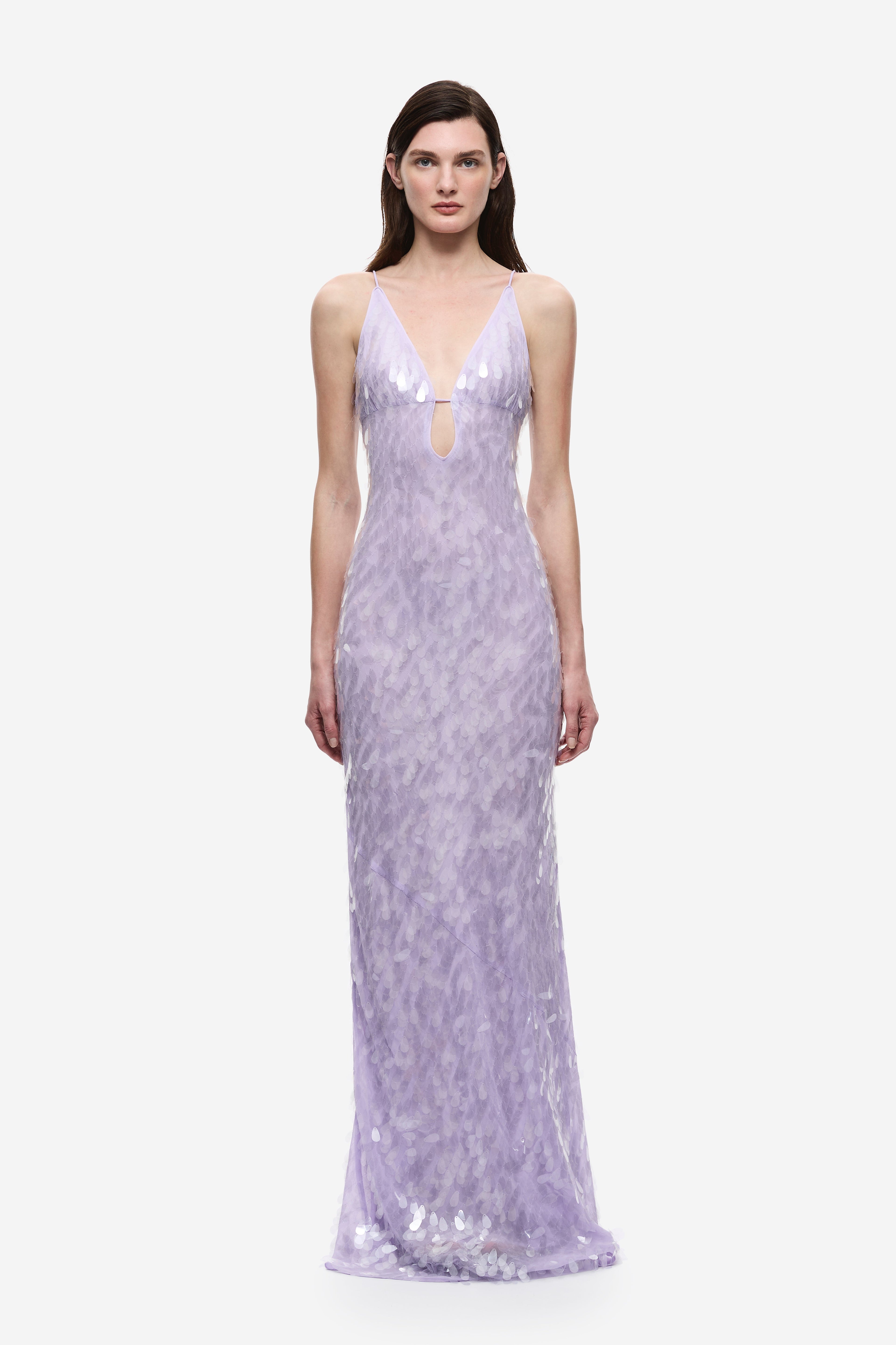 Lilac sequin maxi dress with V-neck and spaghetti straps