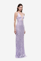 Lilac sequin maxi dress with V-neck and keyhole detail