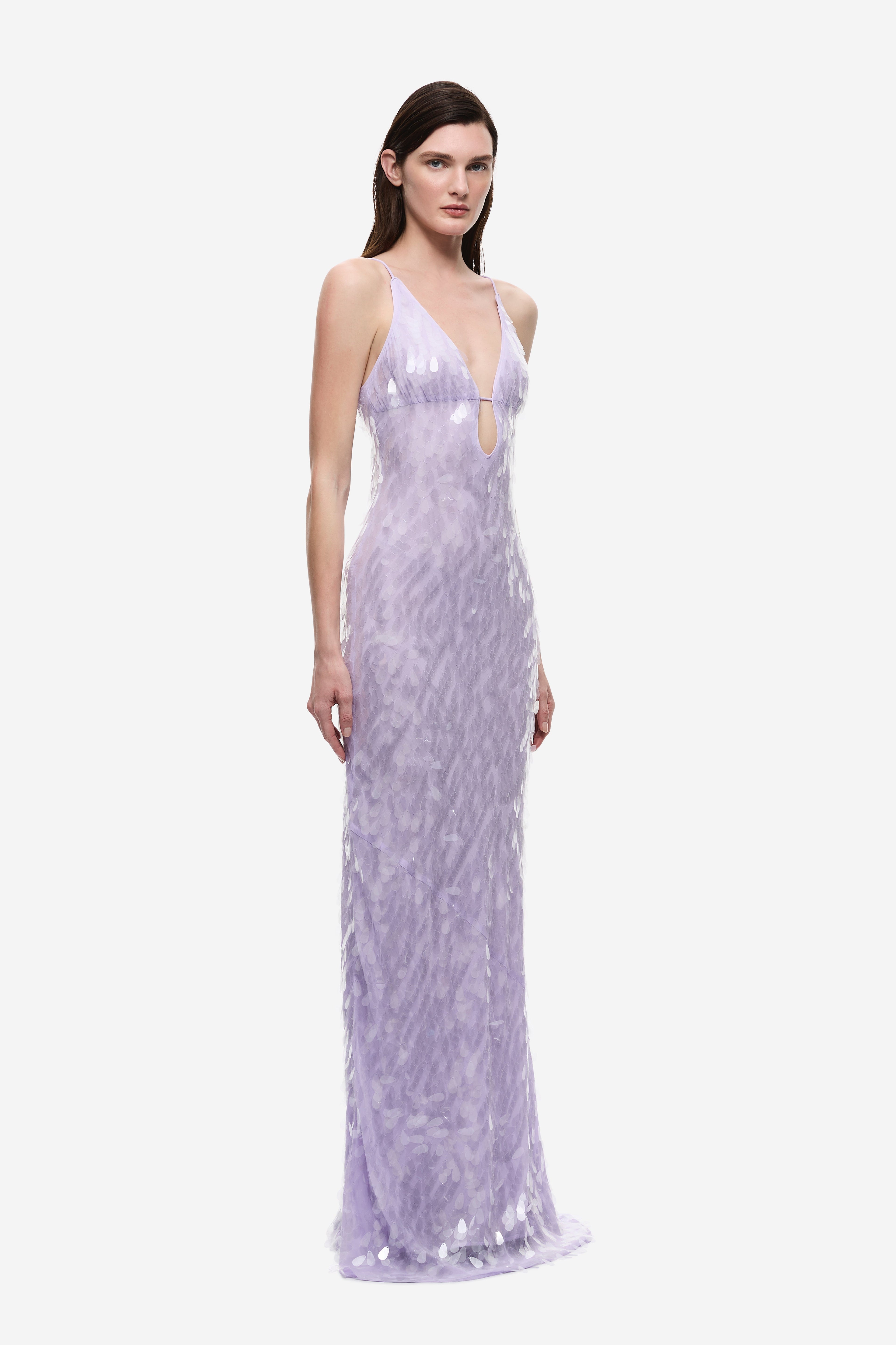 Lilac sequin maxi dress with V-neck and keyhole detail