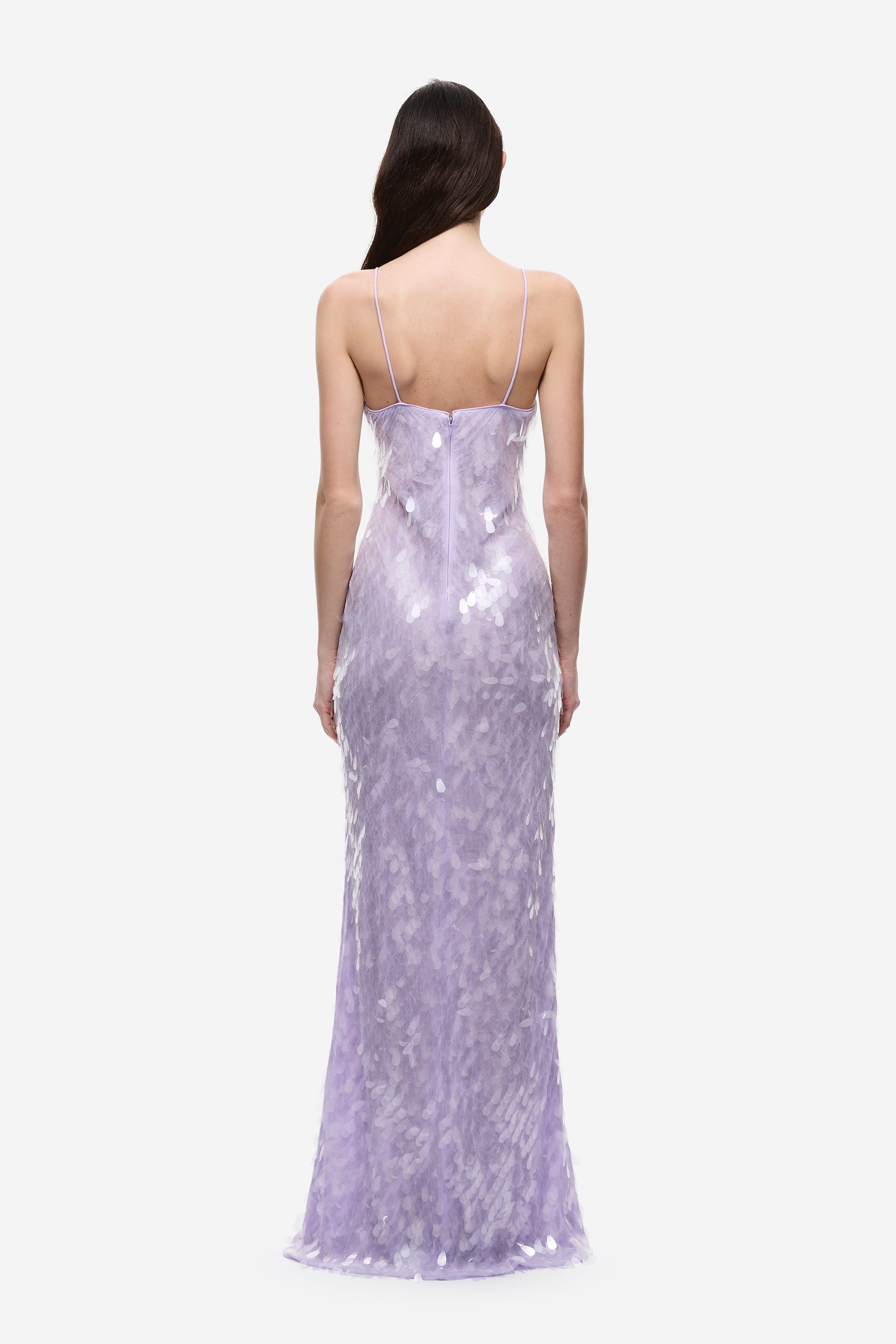 Lilac sequin maxi dress with open back and thin straps