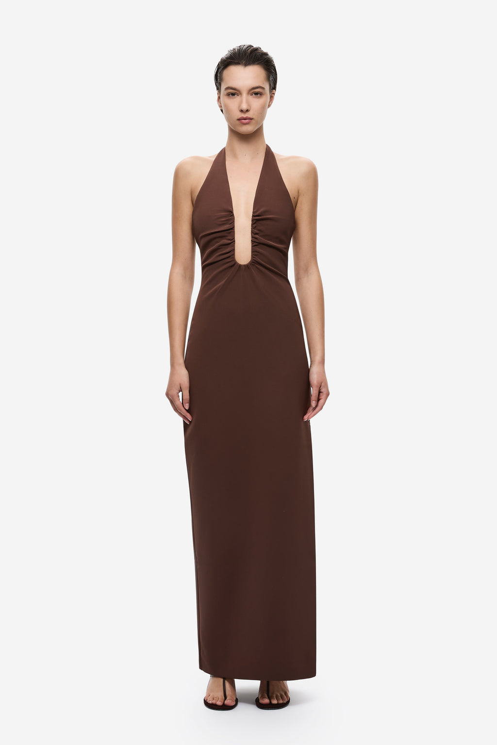 Chocolate halter midi dress with deep keyhole front and fitted silhouette
