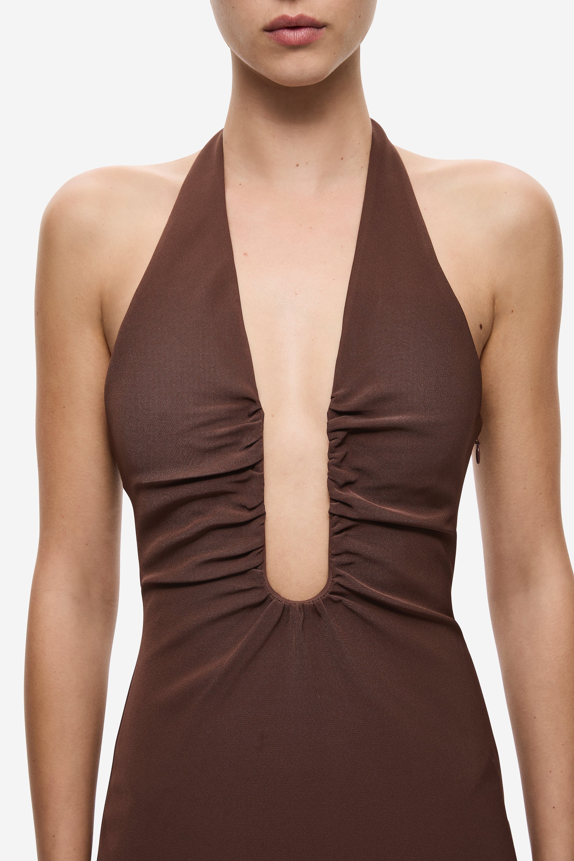 Chocolate halter neckline with ruched center keyhole detail