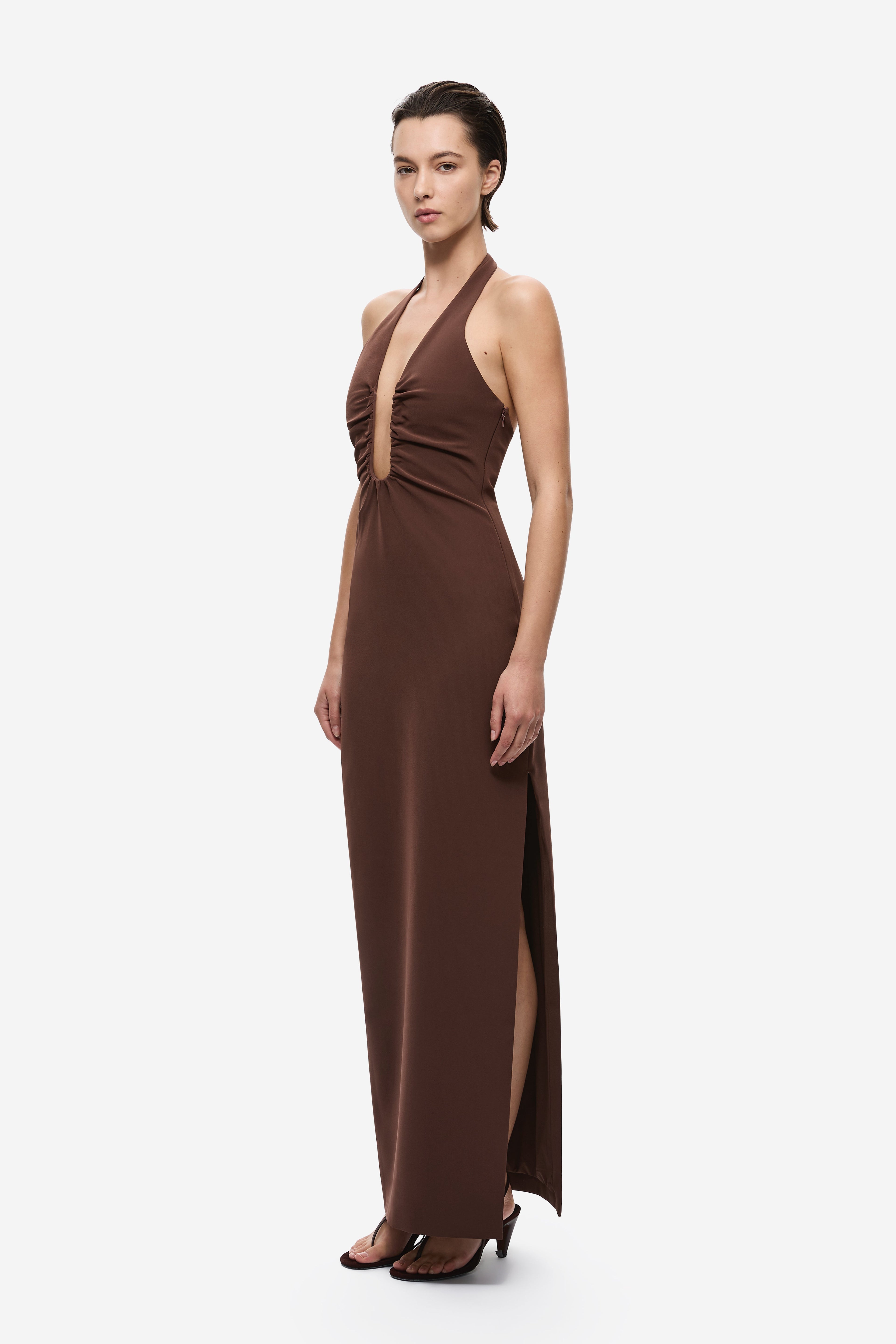 Chocolate halter midi dress with side slit and ruched waist
