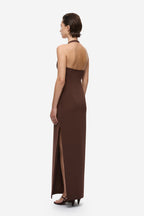 Chocolate halter midi dress with open back and side slit