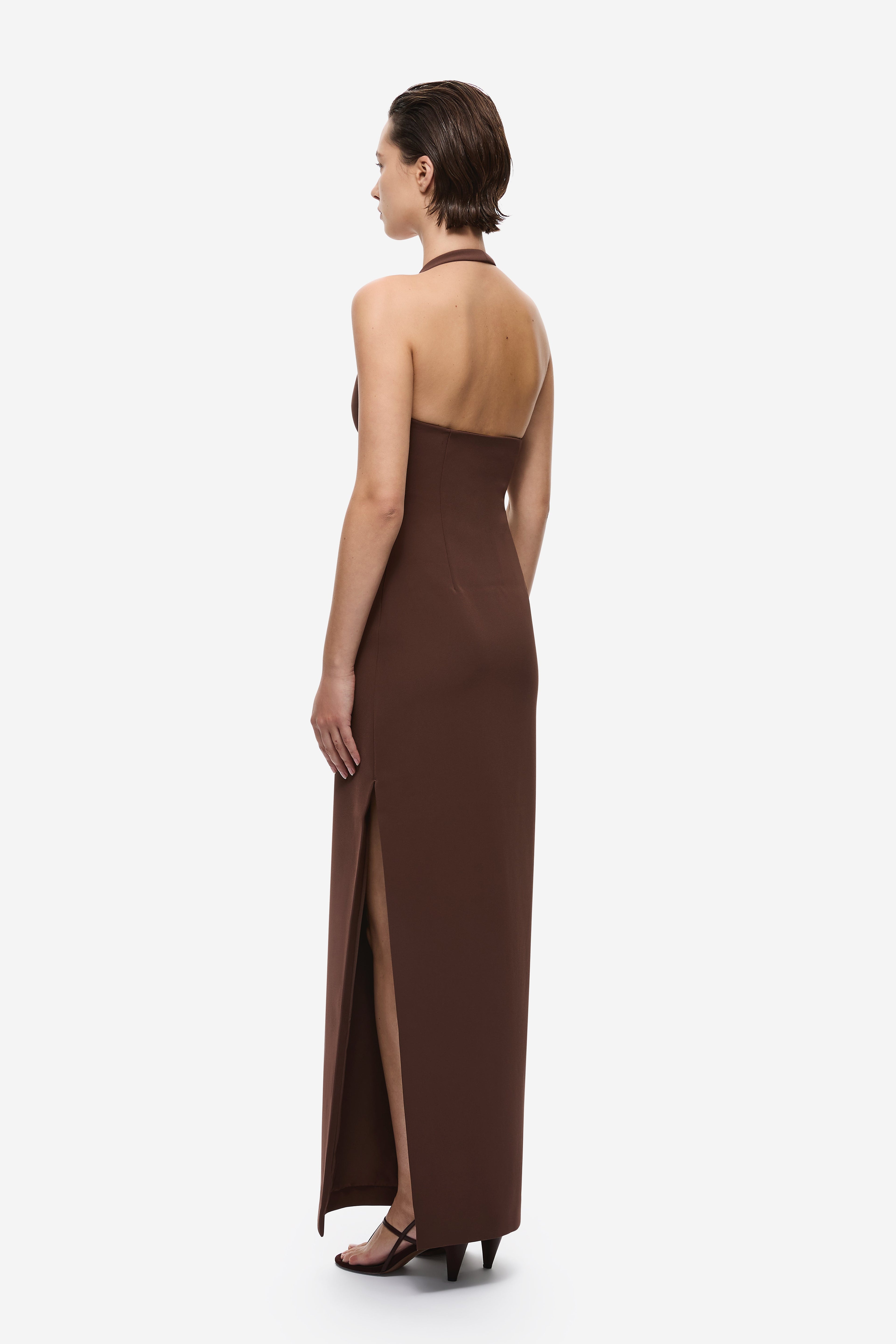 Chocolate halter midi dress with open back and side slit