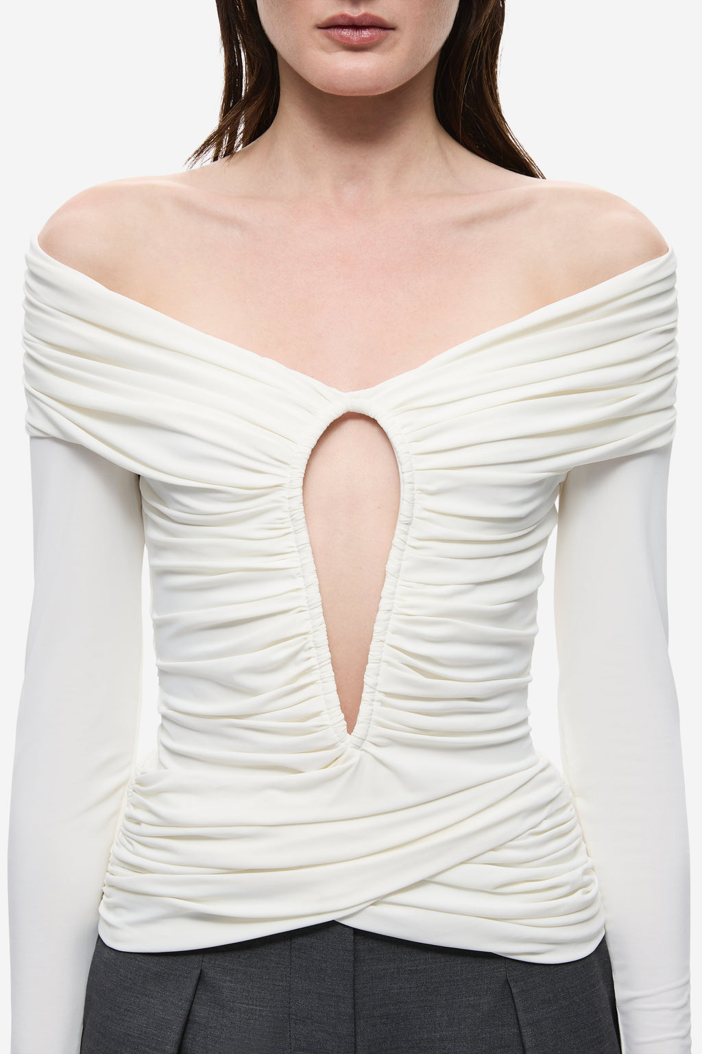 Ivory off-shoulder top with long sleeves and center keyhole front, ruched drape