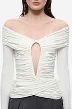 Ivory off-shoulder top with long sleeves and center keyhole front, ruched drape