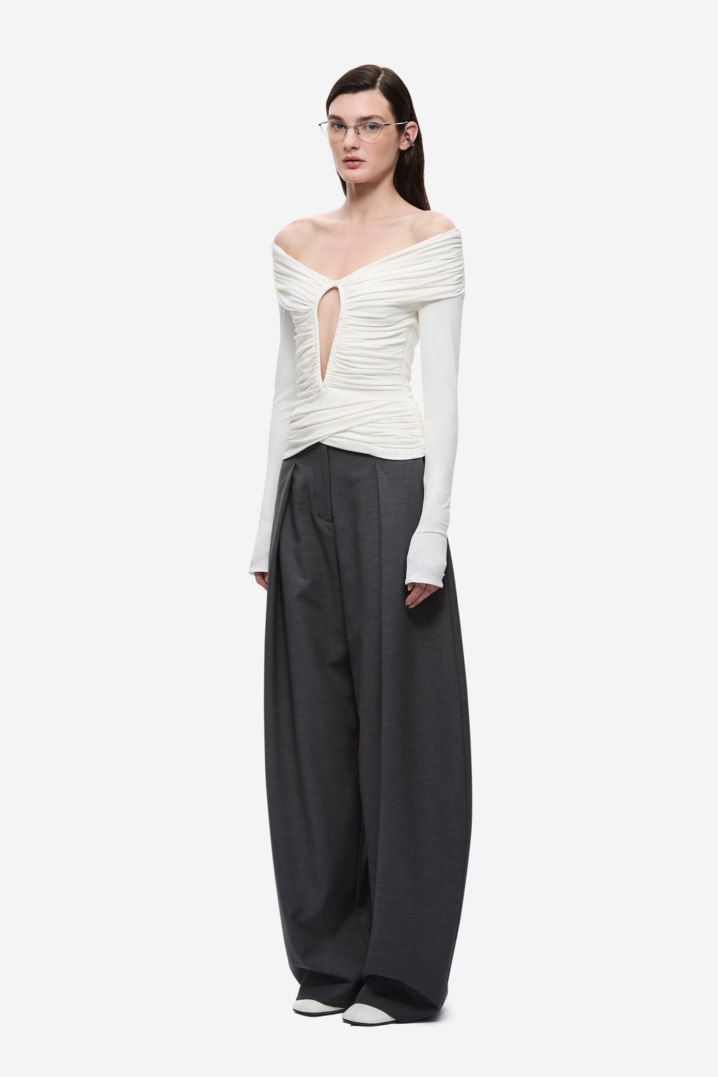 Ivory off-shoulder ruched keyhole top with long sleeves, fitted waist