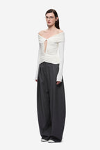 Ivory off-shoulder ruched keyhole top with long sleeves, fitted waist