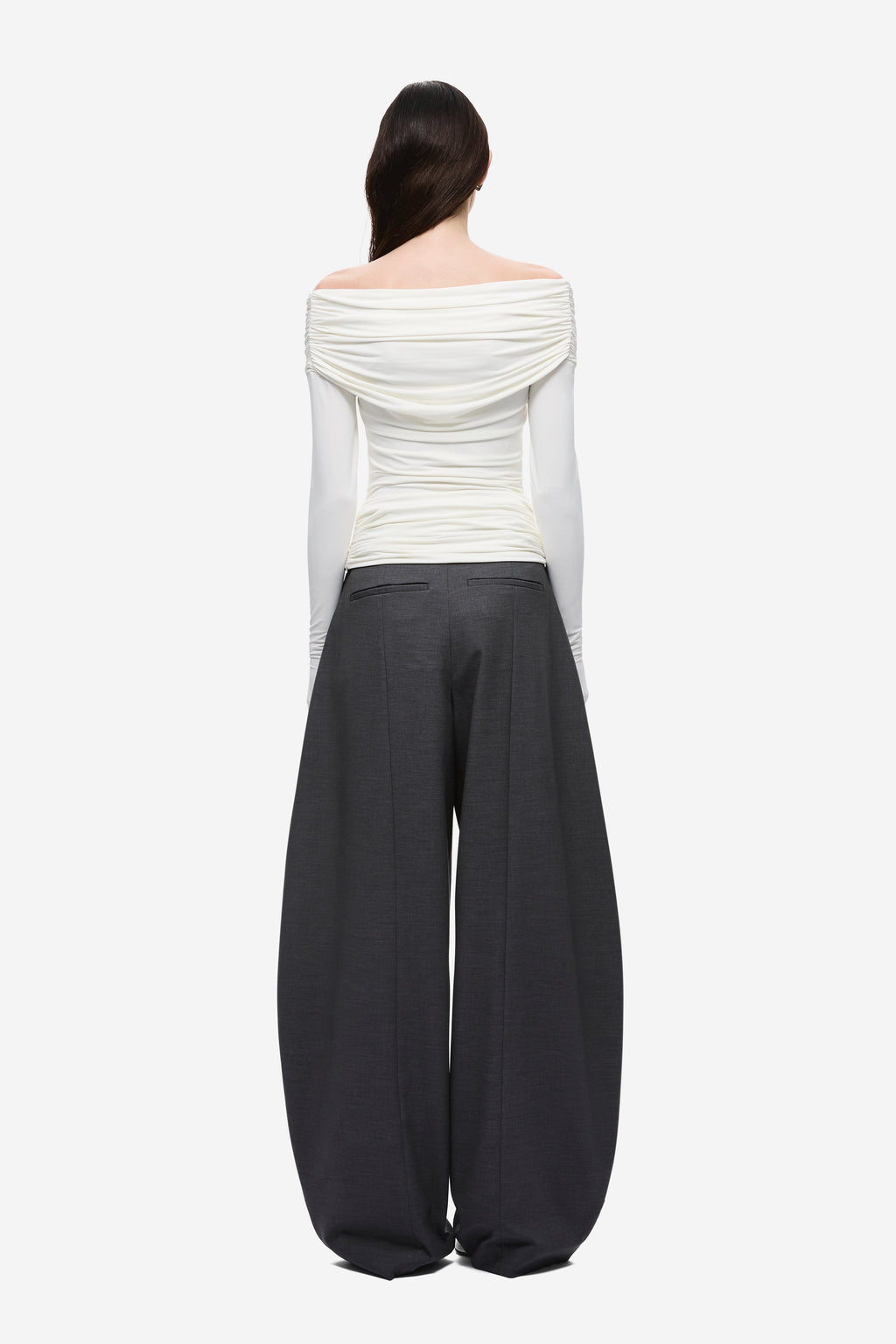 Ivory off-shoulder long-sleeve top with open keyhole back and gathered drape