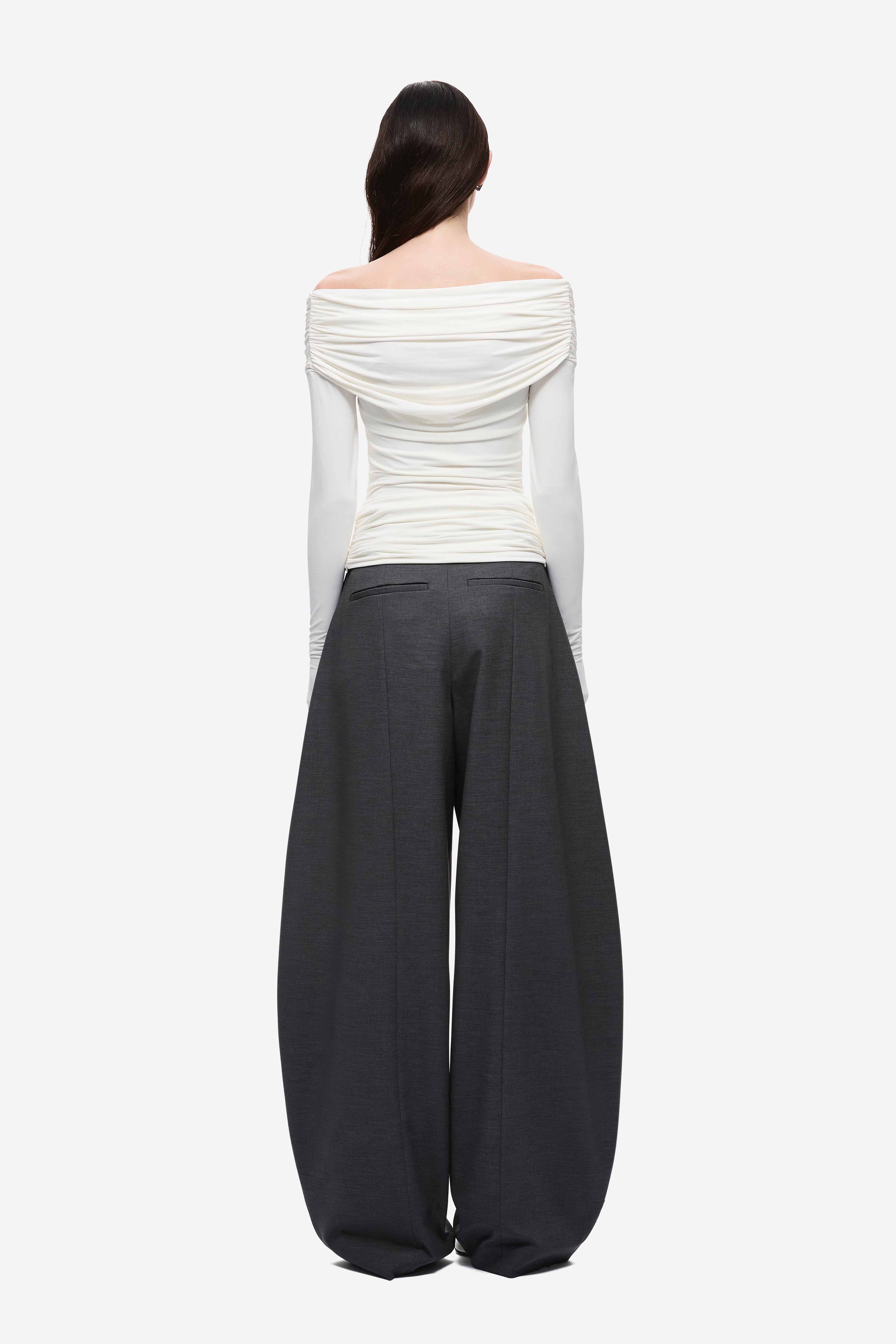 Ivory off-shoulder long-sleeve top with open keyhole back and gathered drape