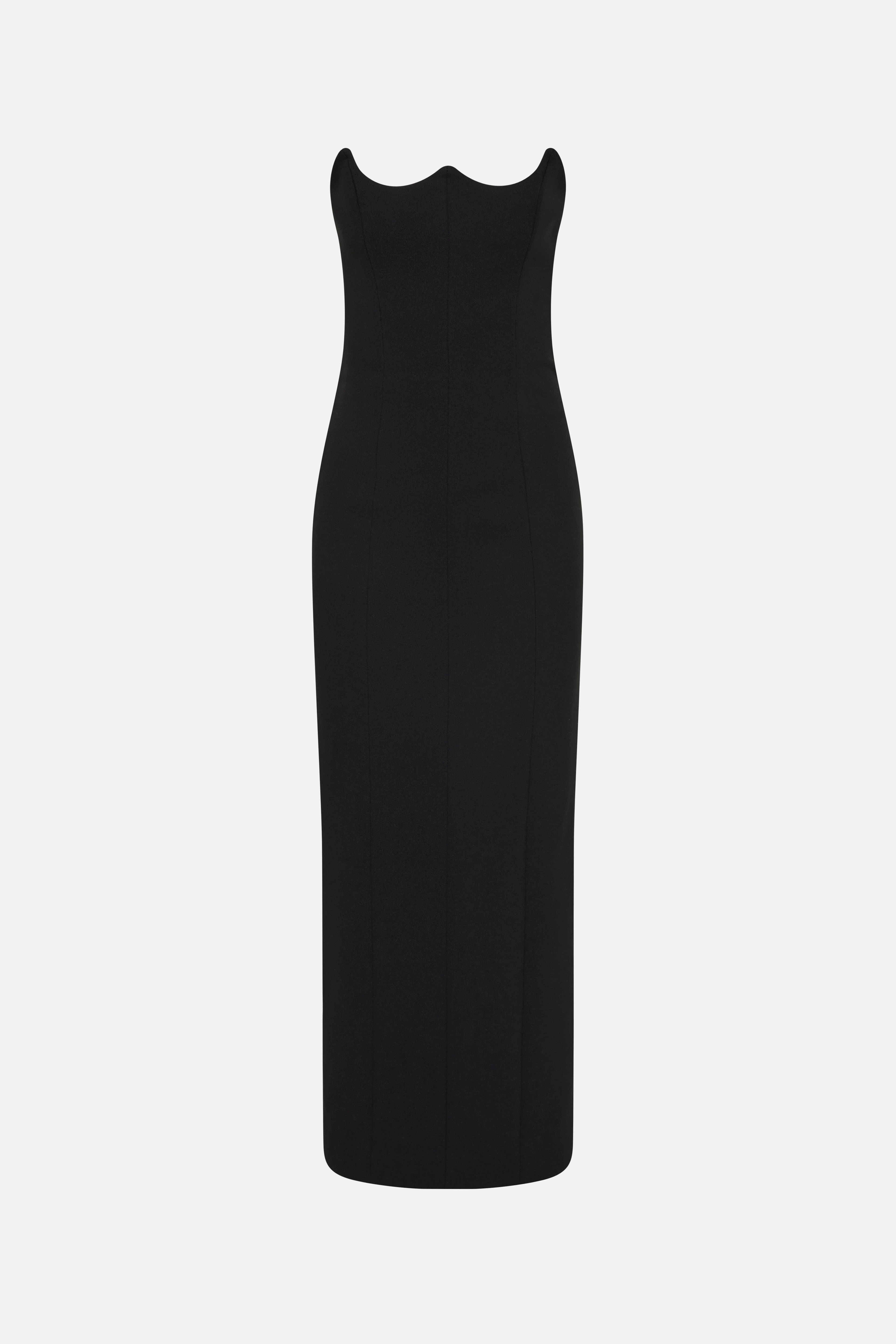 Black crepe midi dress, fitted silhouette with scalloped sweetheart neckline