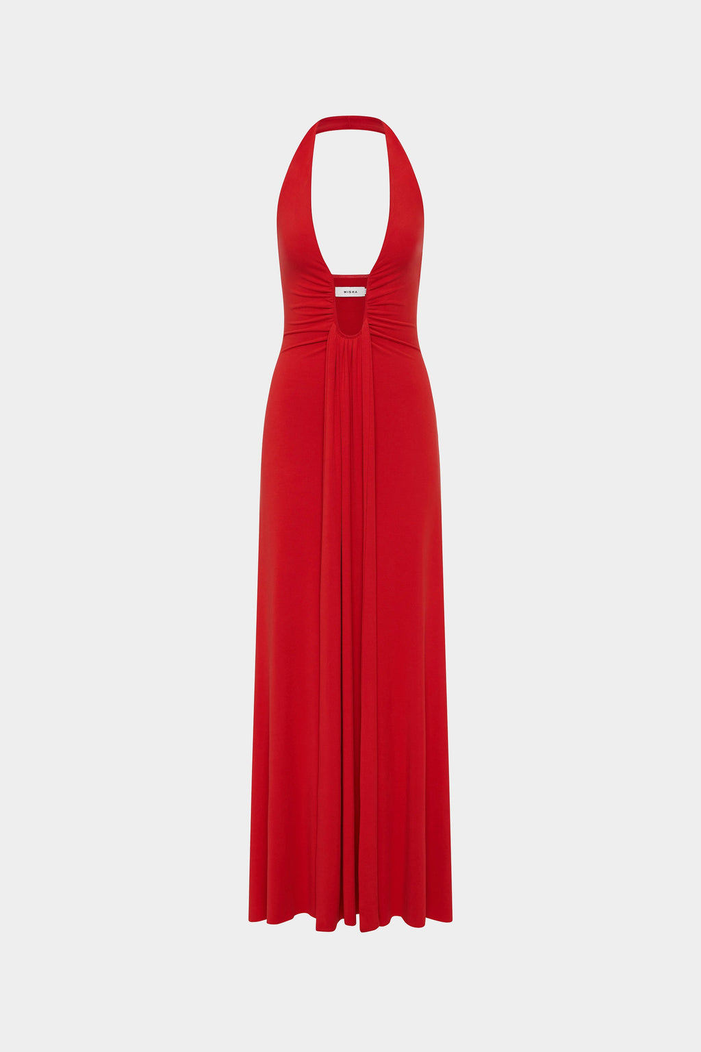 Cherry red halter cupro dress with deep V neckline and pleated drape skirt
