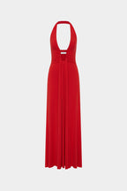 Cherry red halter cupro dress with deep V neckline and pleated drape skirt