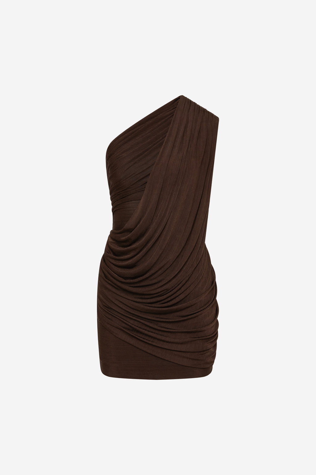 Chocolate brown one-shoulder rib mini dress with draped ruching