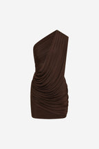 Chocolate brown one-shoulder rib mini dress with draped ruching
