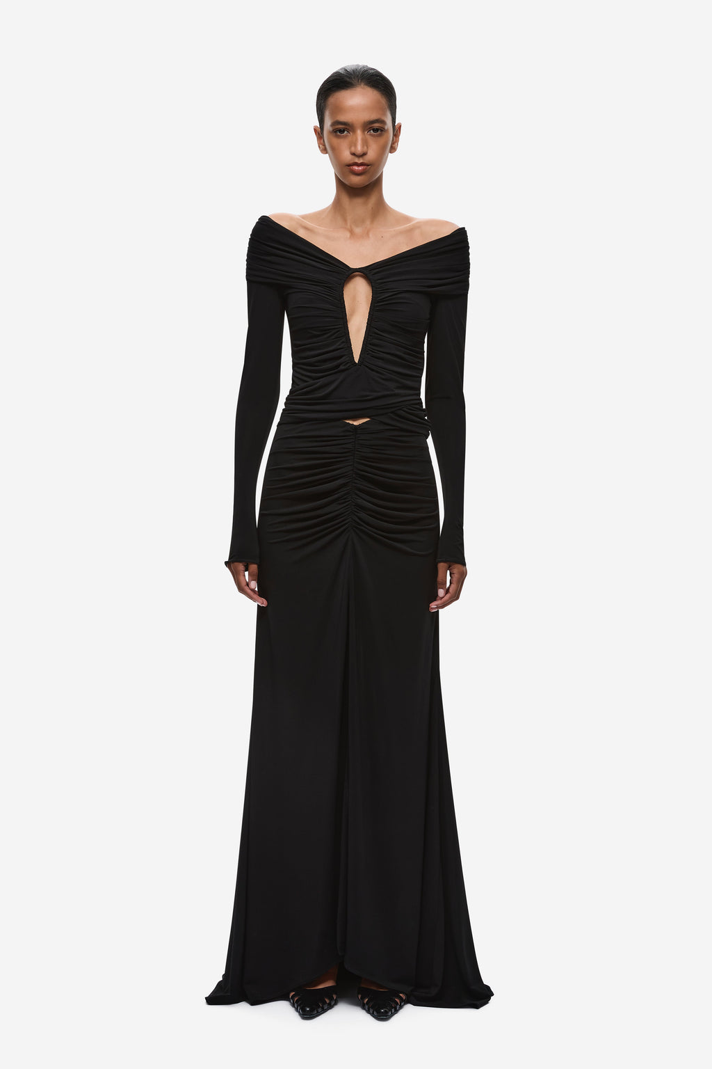 Black off-shoulder ruched long-sleeve top with front keyhole cutout