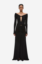 Black off-shoulder ruched long-sleeve top with front keyhole cutout