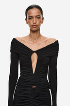 Black off-shoulder ruched top with vertical keyhole cutout and long sleeves