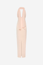 Soft pink silk midi dress with halter neck and vertical front panel detail