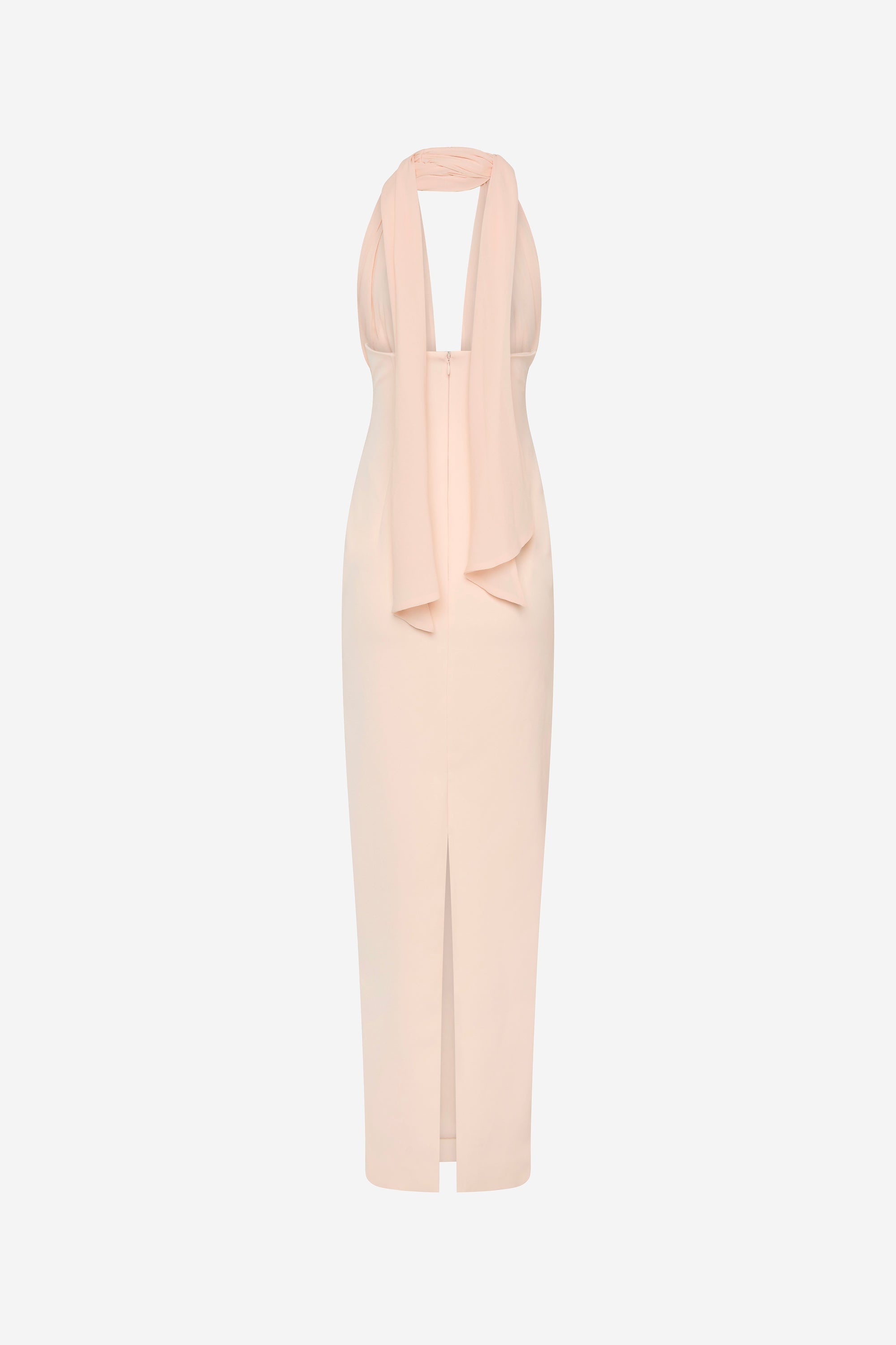 Soft pink silk midi dress with halter neck and vertical front panel detail