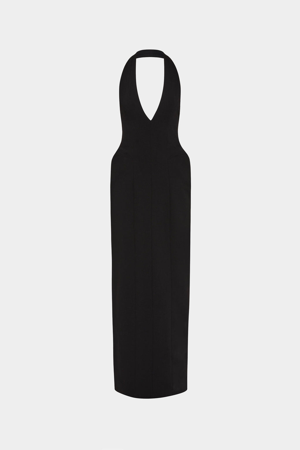 Black sleeveless suiting dress with deep V-neck and fitted long column silhouette
